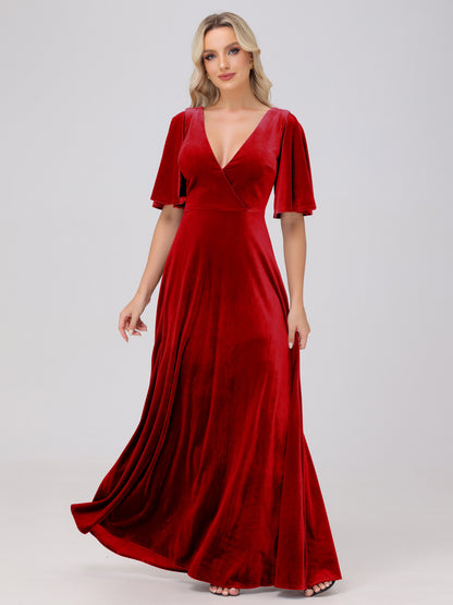 A-Line V-Neck Short Sleeves Velvet Bridesmaid Dresses
