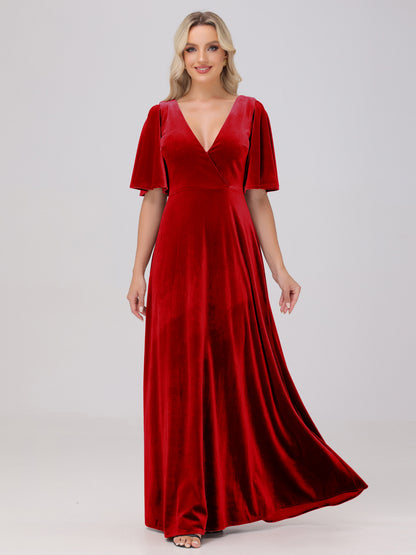 A-Line V-Neck Short Sleeves Velvet Bridesmaid Dresses