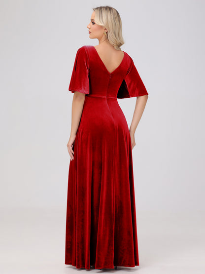 A-Line V-Neck Short Sleeves Velvet Bridesmaid Dresses