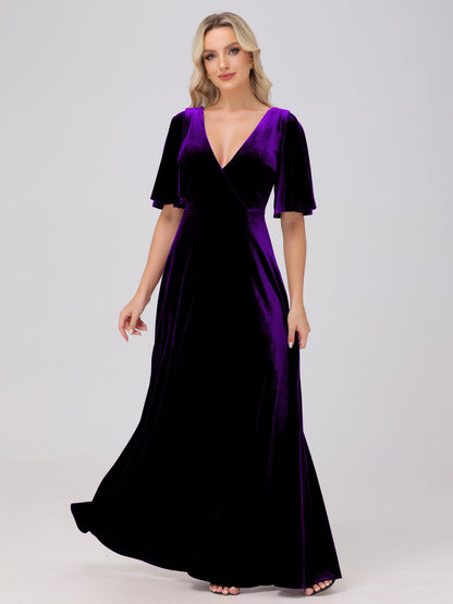 A-Line V-Neck Short Sleeves Velvet Bridesmaid Dresses