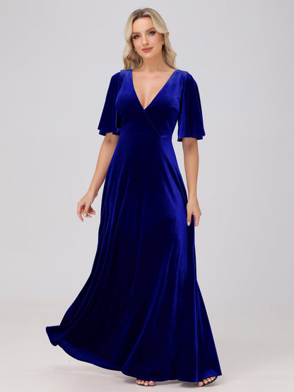 A-Line V-Neck Short Sleeves Velvet Bridesmaid Dresses