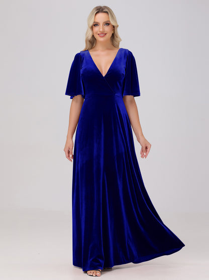 A-Line V-Neck Short Sleeves Velvet Bridesmaid Dresses
