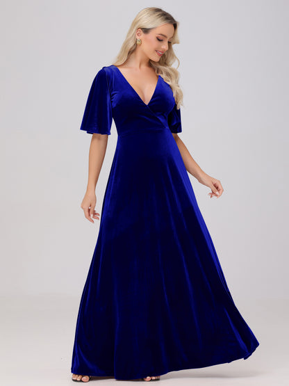 A-Line V-Neck Short Sleeves Velvet Bridesmaid Dresses