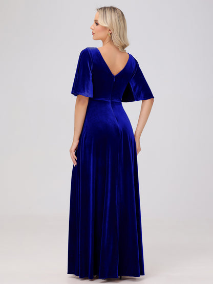 A-Line V-Neck Short Sleeves Velvet Bridesmaid Dresses