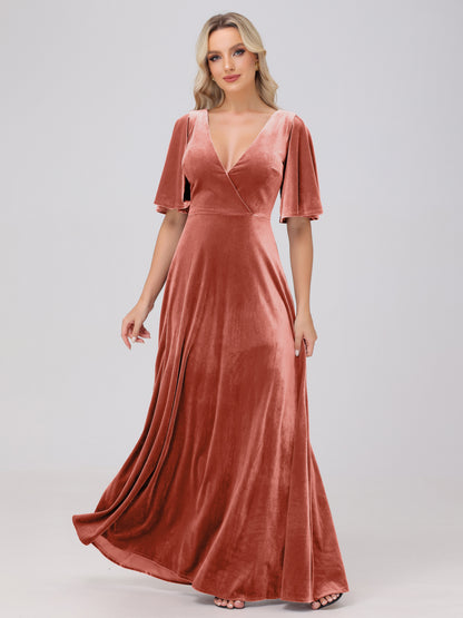 A-Line V-Neck Short Sleeves Velvet Bridesmaid Dresses
