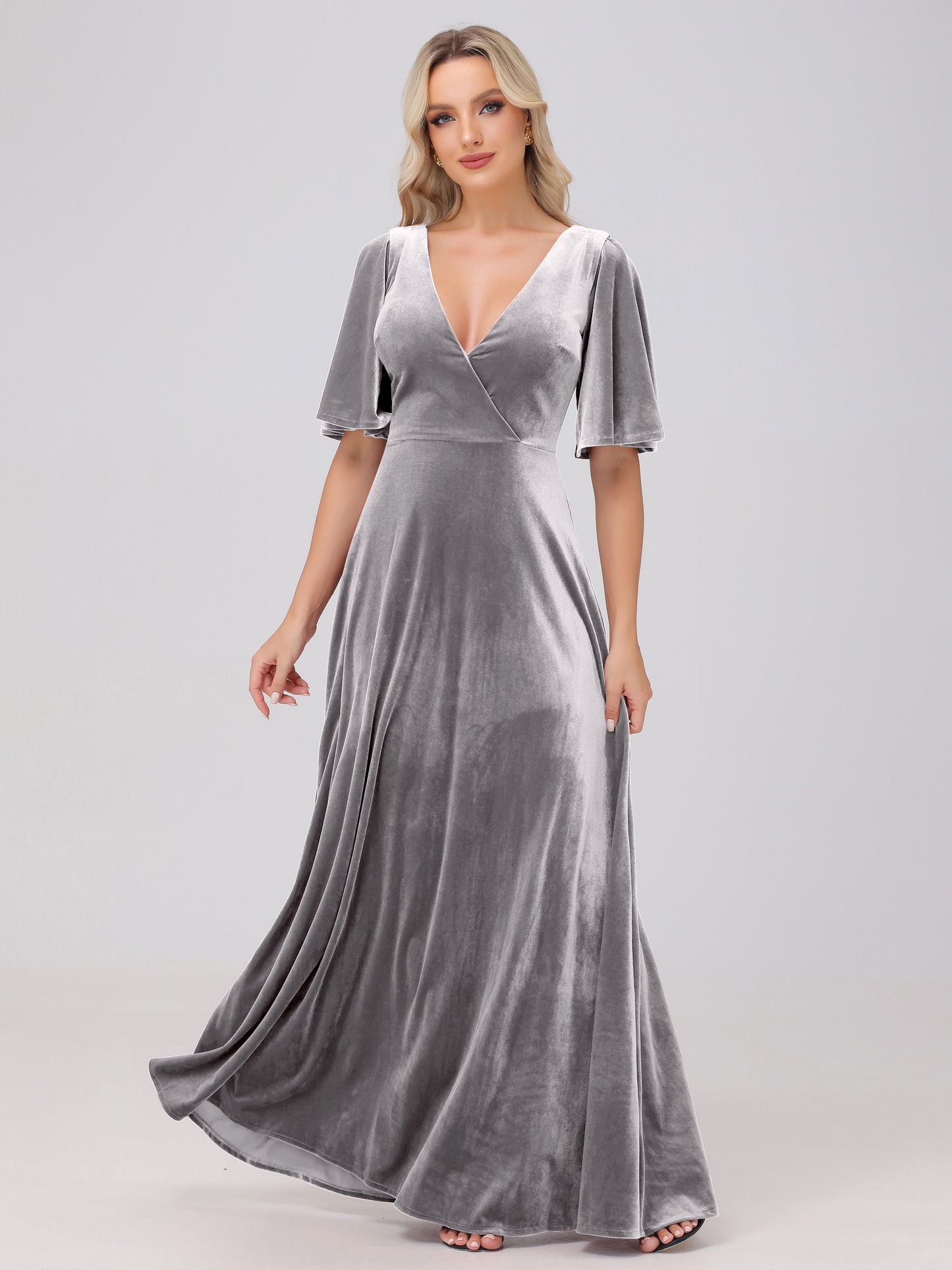 A-Line V-Neck Short Sleeves Velvet Bridesmaid Dresses