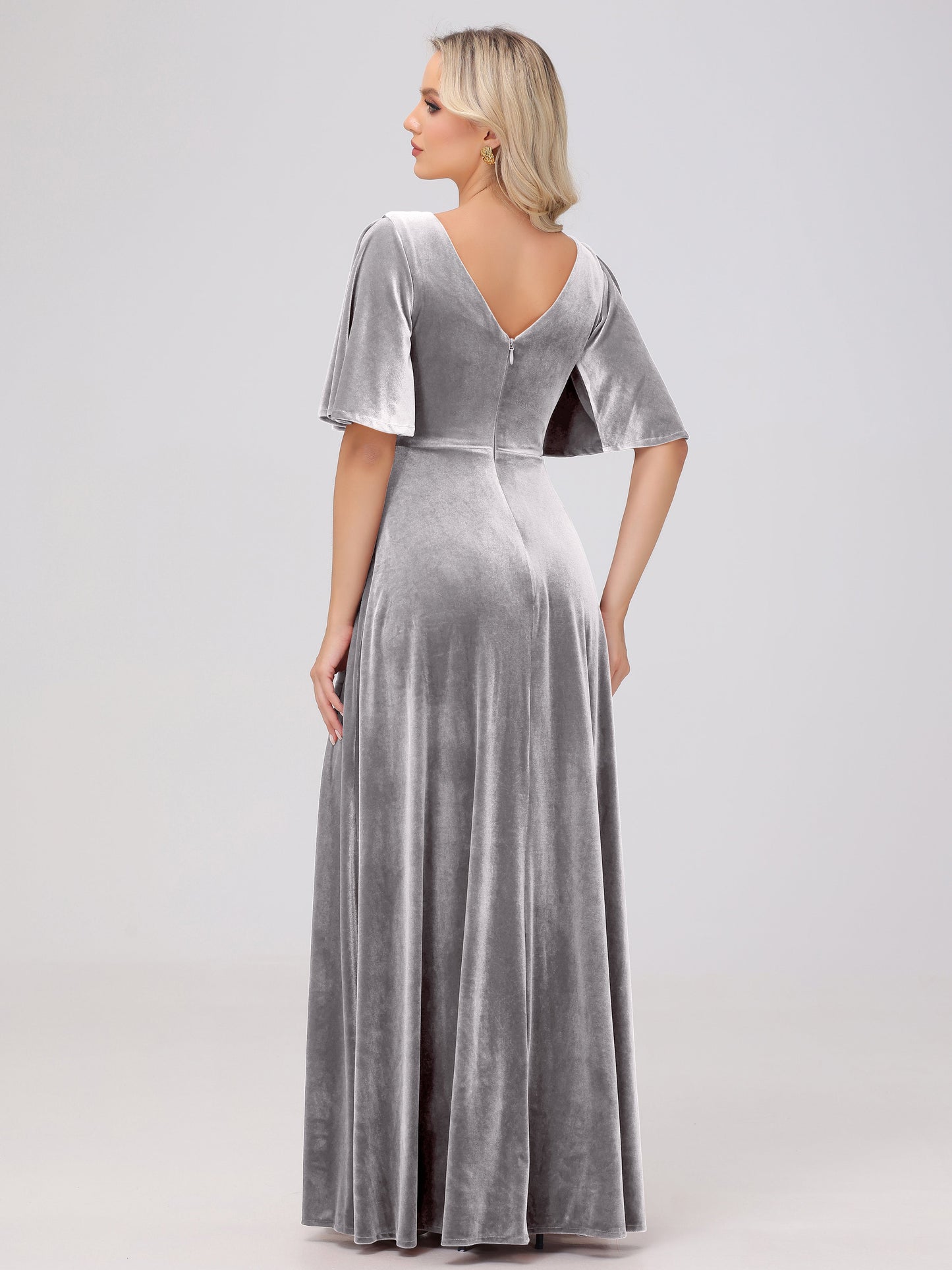 A-Line V-Neck Short Sleeves Velvet Bridesmaid Dresses