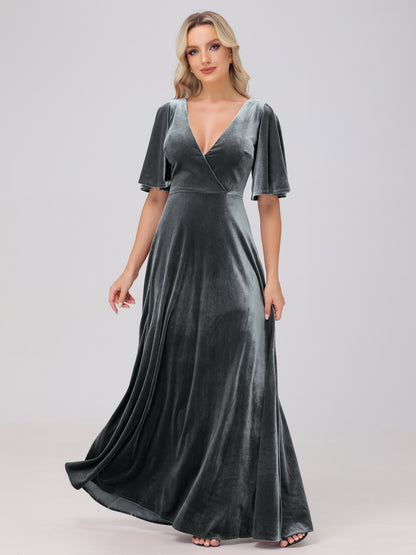 A-Line V-Neck Short Sleeves Velvet Bridesmaid Dresses