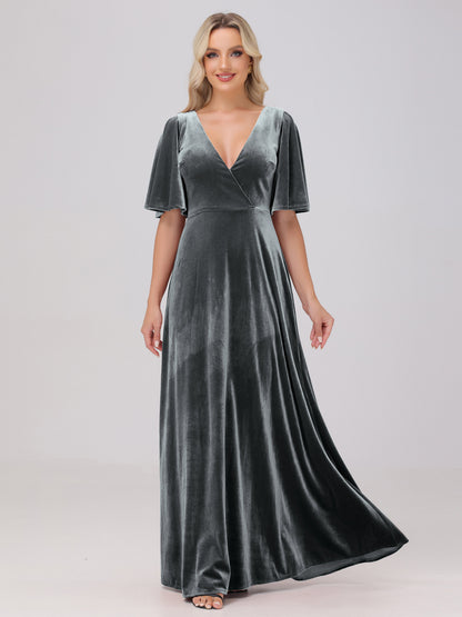 A-Line V-Neck Short Sleeves Velvet Bridesmaid Dresses