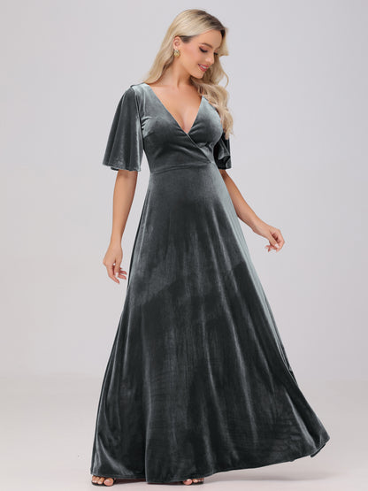 A-Line V-Neck Short Sleeves Velvet Bridesmaid Dresses