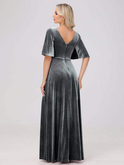 A-Line V-Neck Short Sleeves Velvet Bridesmaid Dresses