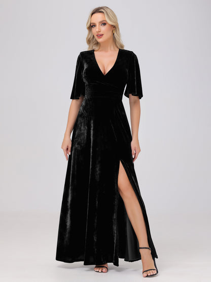 A-Line V-Neck Short Sleeves Velvet Bridesmaid Dresses with Slit