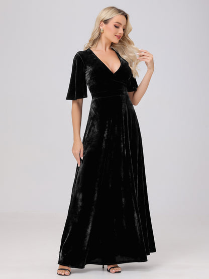 A-Line V-Neck Short Sleeves Velvet Bridesmaid Dresses with Slit