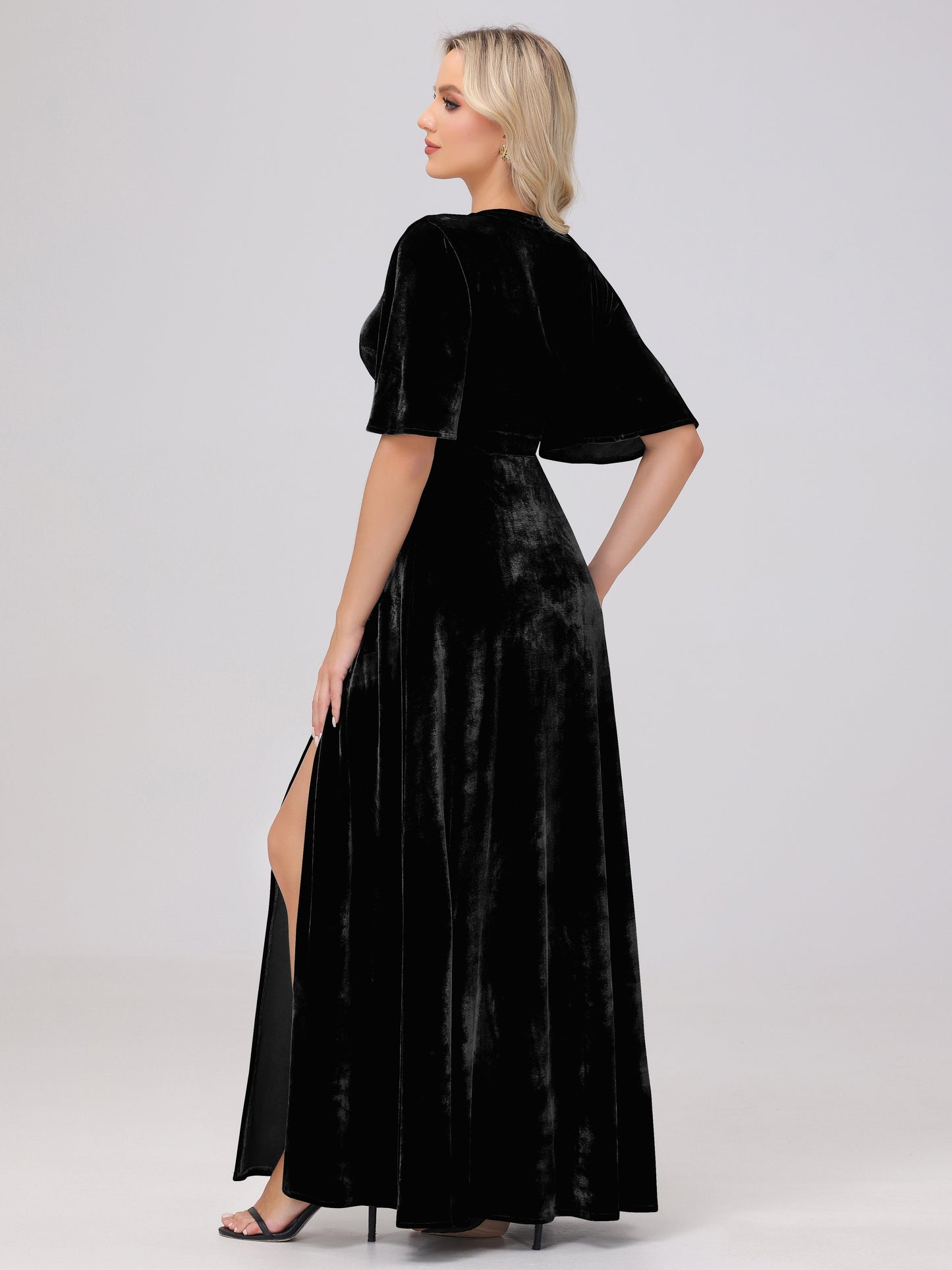 A-Line V-Neck Short Sleeves Velvet Bridesmaid Dresses with Slit