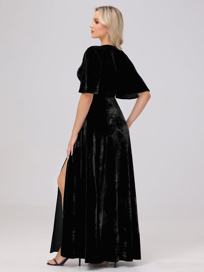A-Line V-Neck Short Sleeves Velvet Bridesmaid Dresses with Slit