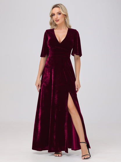 A-Line V-Neck Short Sleeves Velvet Bridesmaid Dresses with Slit