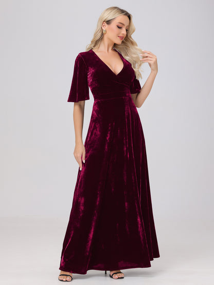 A-Line V-Neck Short Sleeves Velvet Bridesmaid Dresses with Slit