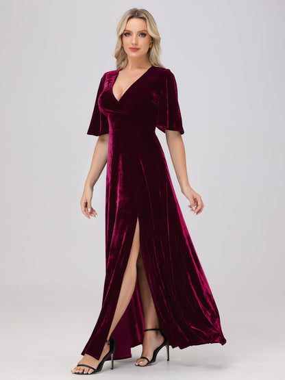 A-Line V-Neck Short Sleeves Velvet Bridesmaid Dresses with Slit