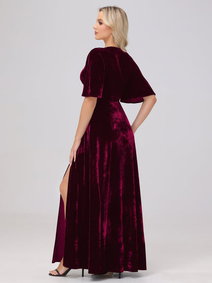 A-Line V-Neck Short Sleeves Velvet Bridesmaid Dresses with Slit