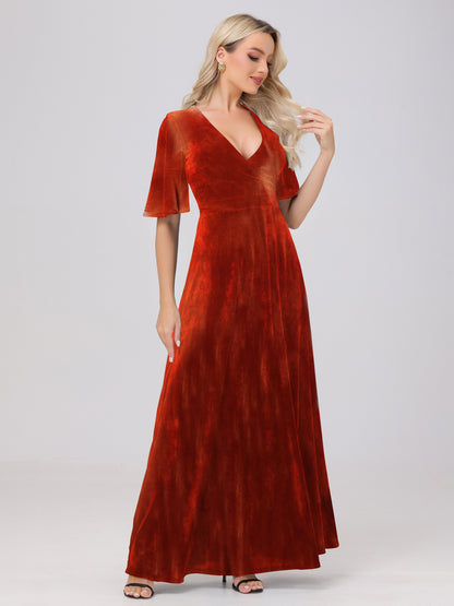 A-Line V-Neck Short Sleeves Velvet Bridesmaid Dresses with Slit