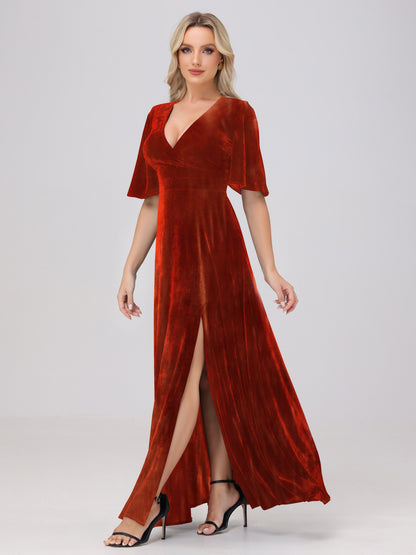 A-Line V-Neck Short Sleeves Velvet Bridesmaid Dresses with Slit