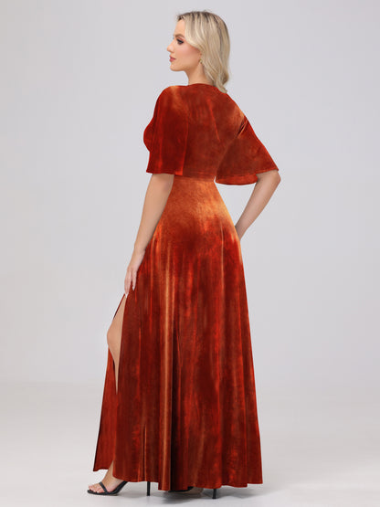 A-Line V-Neck Short Sleeves Velvet Bridesmaid Dresses with Slit