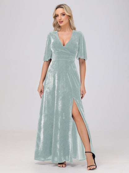 A-Line V-Neck Short Sleeves Velvet Bridesmaid Dresses with Slit
