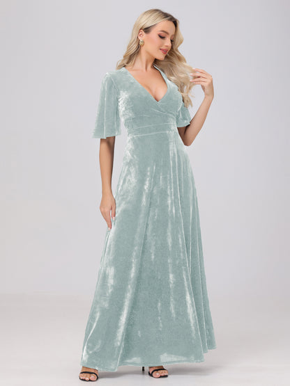 A-Line V-Neck Short Sleeves Velvet Bridesmaid Dresses with Slit