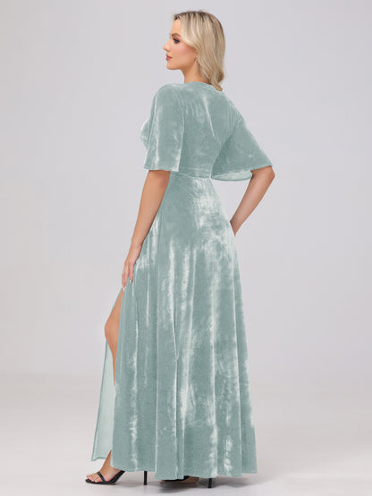 A-Line V-Neck Short Sleeves Velvet Bridesmaid Dresses with Slit