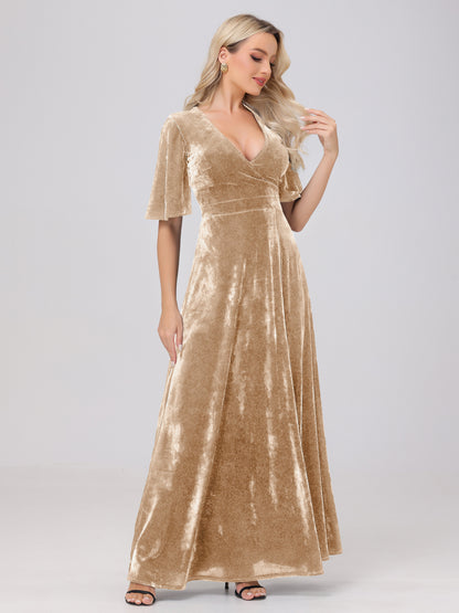 A-Line V-Neck Short Sleeves Velvet Bridesmaid Dresses with Slit