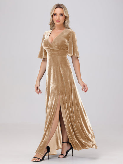 A-Line V-Neck Short Sleeves Velvet Bridesmaid Dresses with Slit