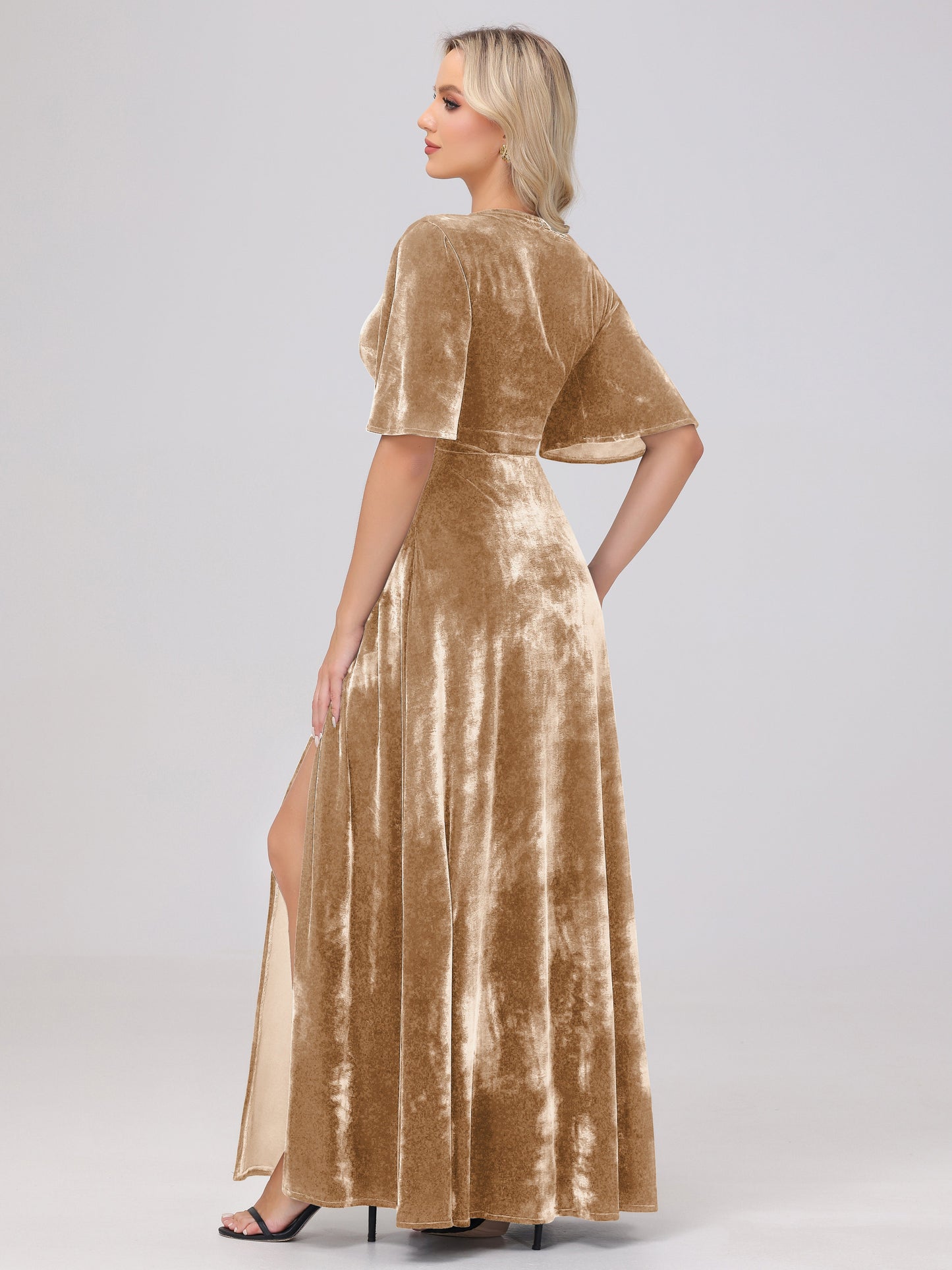 A-Line V-Neck Short Sleeves Velvet Bridesmaid Dresses with Slit