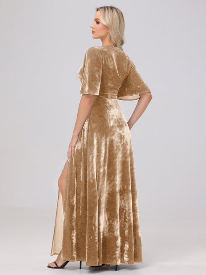 A-Line V-Neck Short Sleeves Velvet Bridesmaid Dresses with Slit