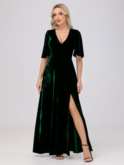A-Line V-Neck Short Sleeves Velvet Bridesmaid Dresses with Slit