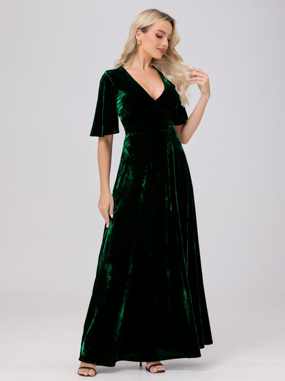 A-Line V-Neck Short Sleeves Velvet Bridesmaid Dresses with Slit