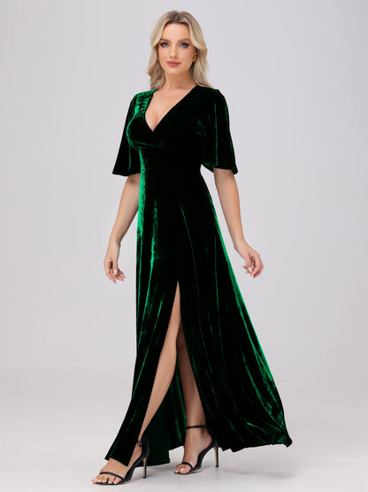A-Line V-Neck Short Sleeves Velvet Bridesmaid Dresses with Slit