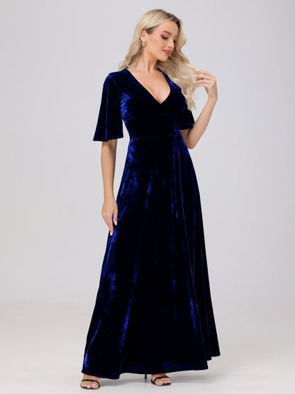 A-Line V-Neck Short Sleeves Velvet Bridesmaid Dresses with Slit