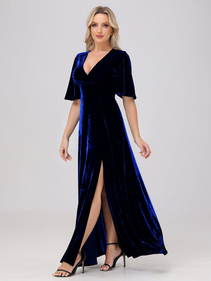 A-Line V-Neck Short Sleeves Velvet Bridesmaid Dresses with Slit