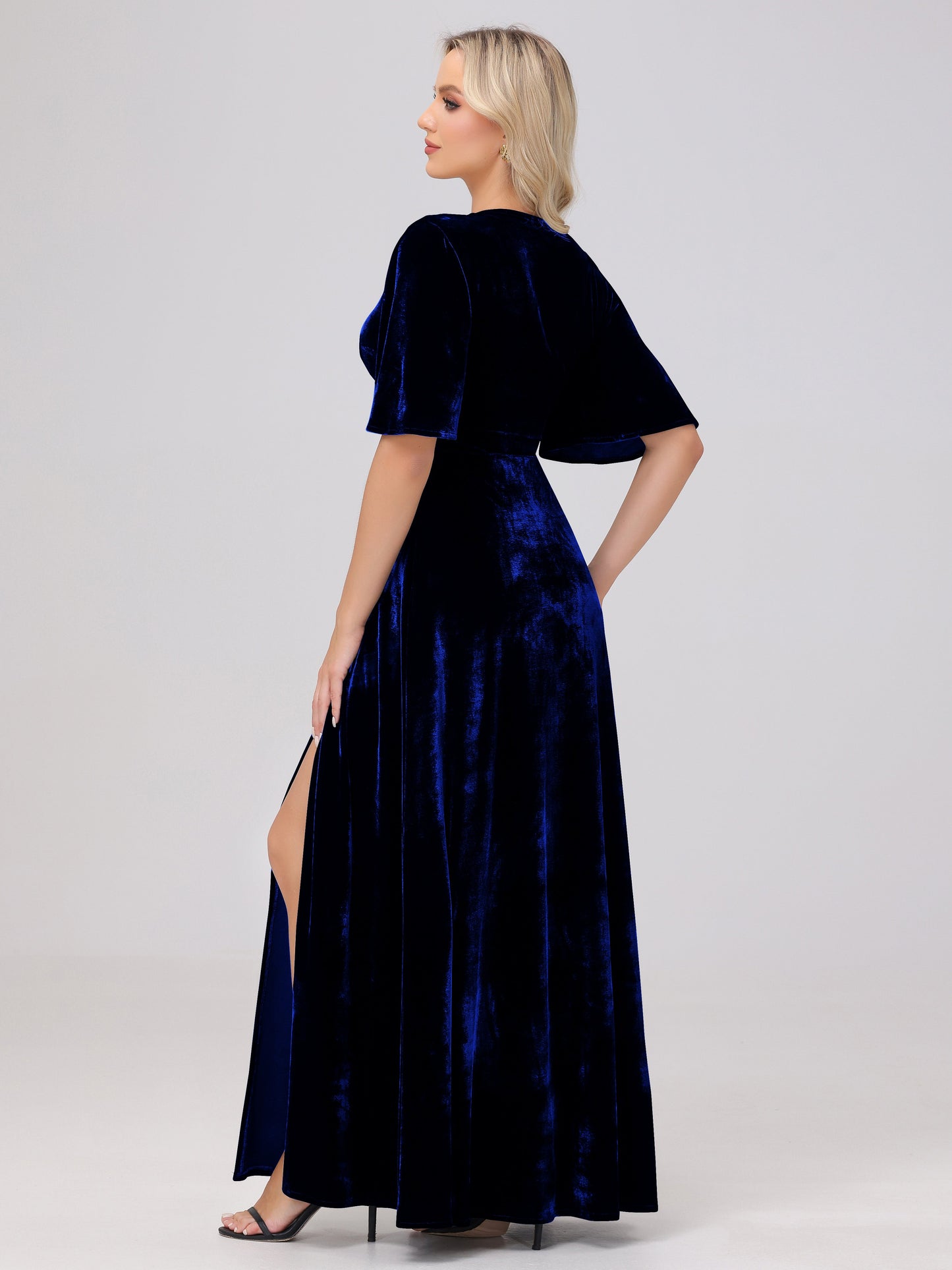 A-Line V-Neck Short Sleeves Velvet Bridesmaid Dresses with Slit