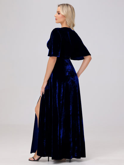 A-Line V-Neck Short Sleeves Velvet Bridesmaid Dresses with Slit
