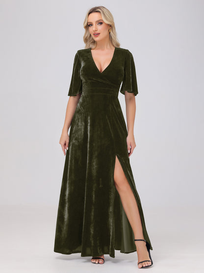 A-Line V-Neck Short Sleeves Velvet Bridesmaid Dresses with Slit