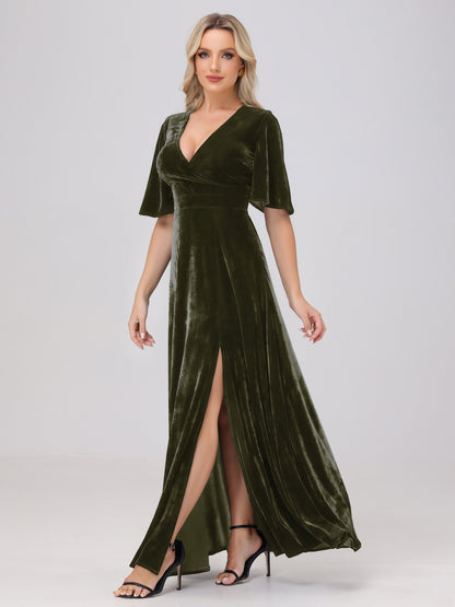 A-Line V-Neck Short Sleeves Velvet Bridesmaid Dresses with Slit