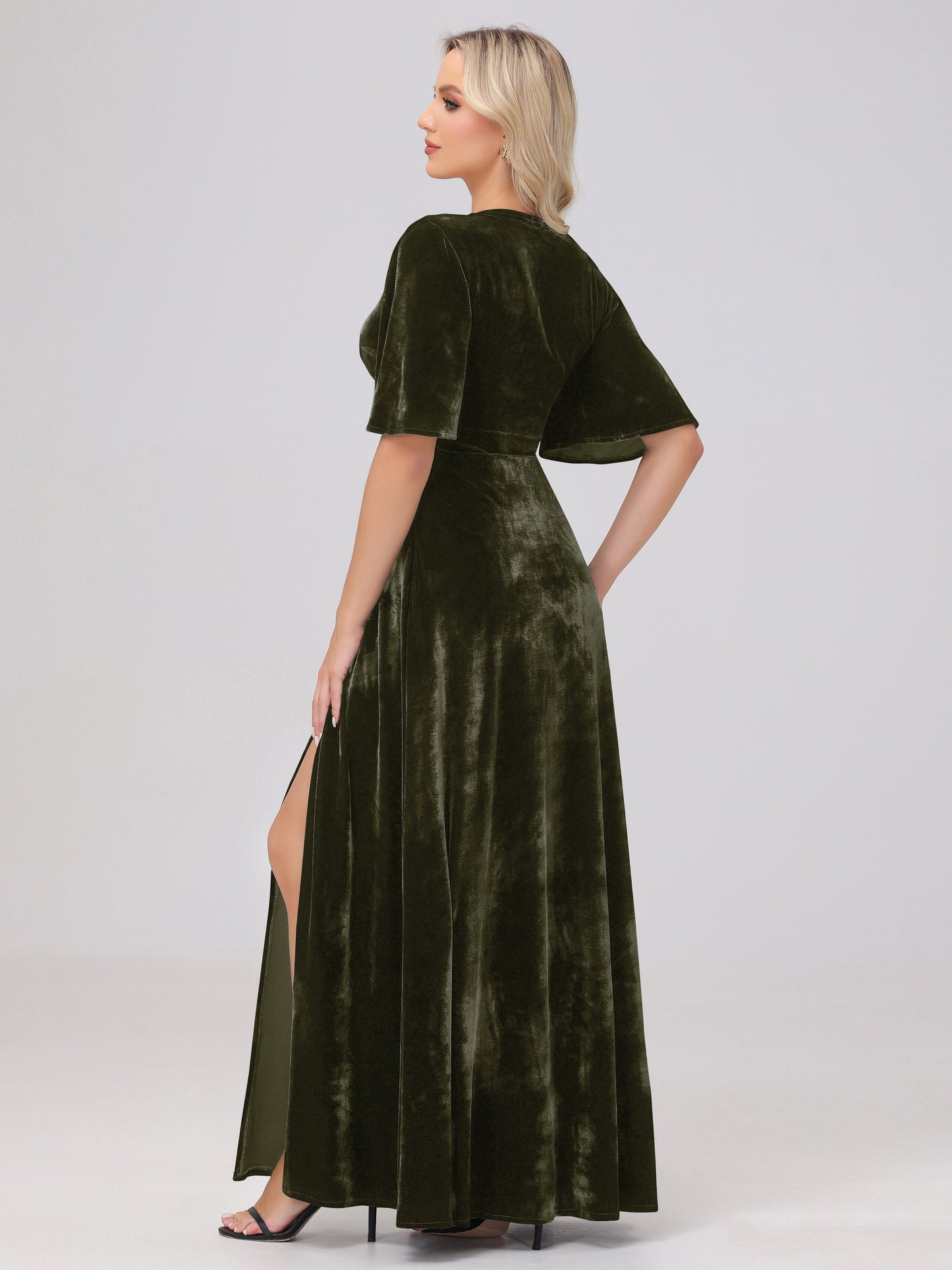 A-Line V-Neck Short Sleeves Velvet Bridesmaid Dresses with Slit
