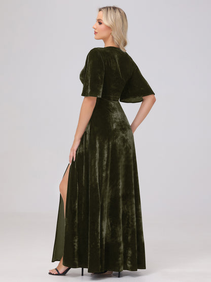 A-Line V-Neck Short Sleeves Velvet Bridesmaid Dresses with Slit
