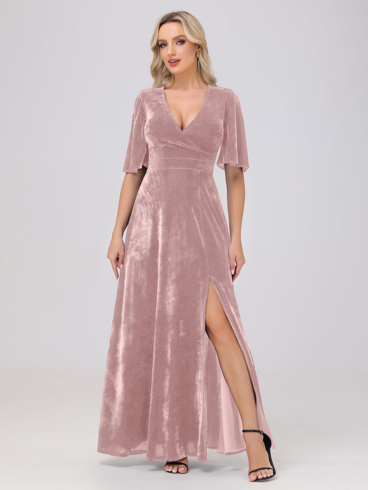 A-Line V-Neck Short Sleeves Velvet Bridesmaid Dresses with Slit