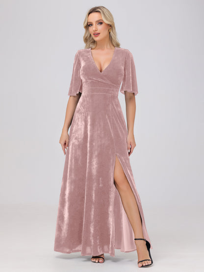 A-Line V-Neck Short Sleeves Velvet Bridesmaid Dresses with Slit