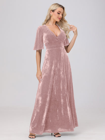 A-Line V-Neck Short Sleeves Velvet Bridesmaid Dresses with Slit