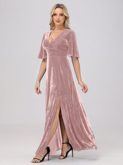 A-Line V-Neck Short Sleeves Velvet Bridesmaid Dresses with Slit