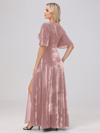 A-Line V-Neck Short Sleeves Velvet Bridesmaid Dresses with Slit