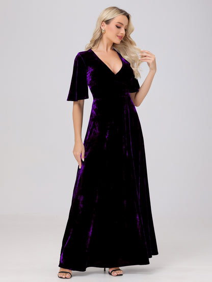 A-Line V-Neck Short Sleeves Velvet Bridesmaid Dresses with Slit